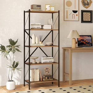 5-Tier Tall Bookshelf Industrial Bookcase with Heavy-Duty Metal Frame Modern Storage-Walnut