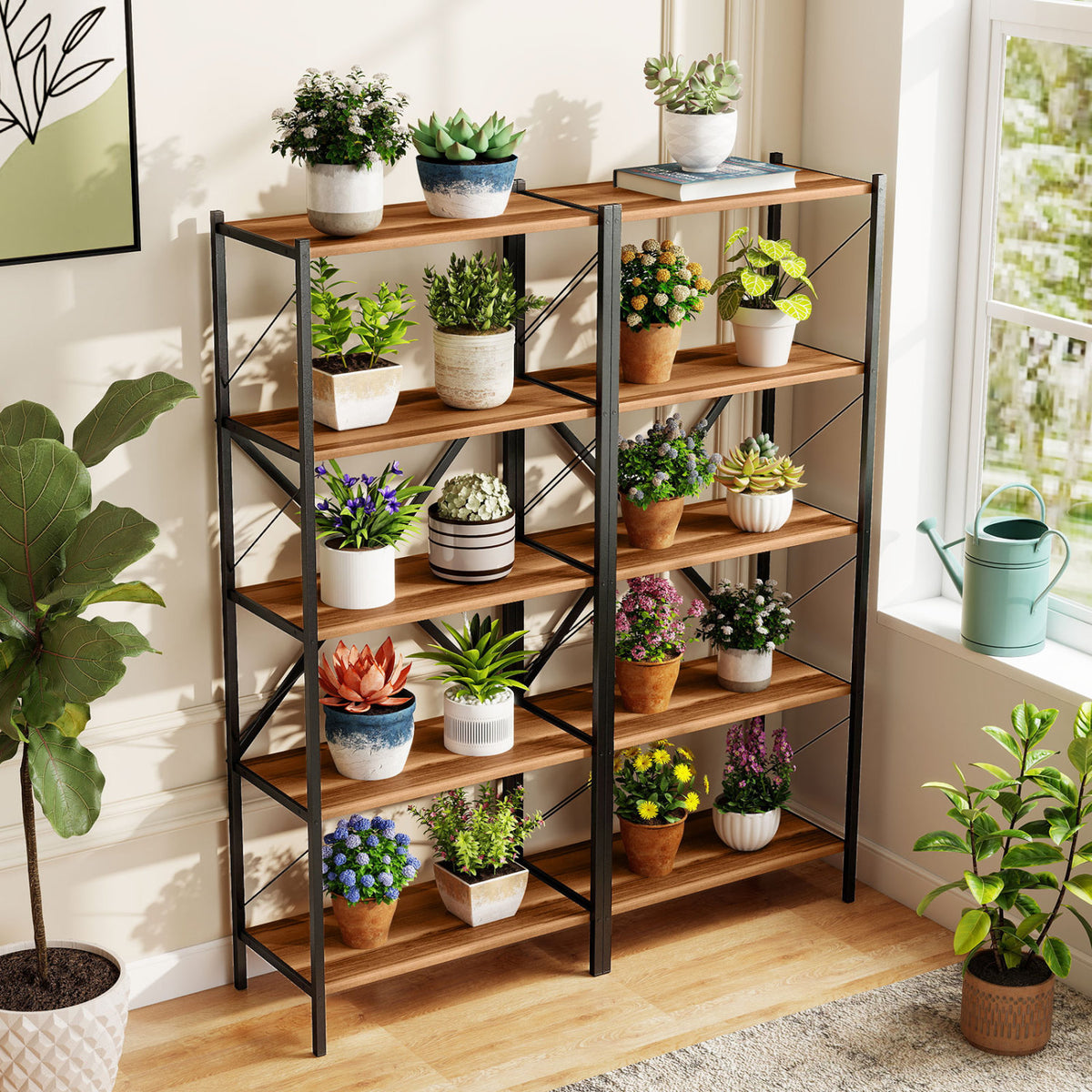 5-Tier Tall Bookshelf Industrial Bookcase with Heavy-Duty Metal Frame Modern Storage-Walnut
