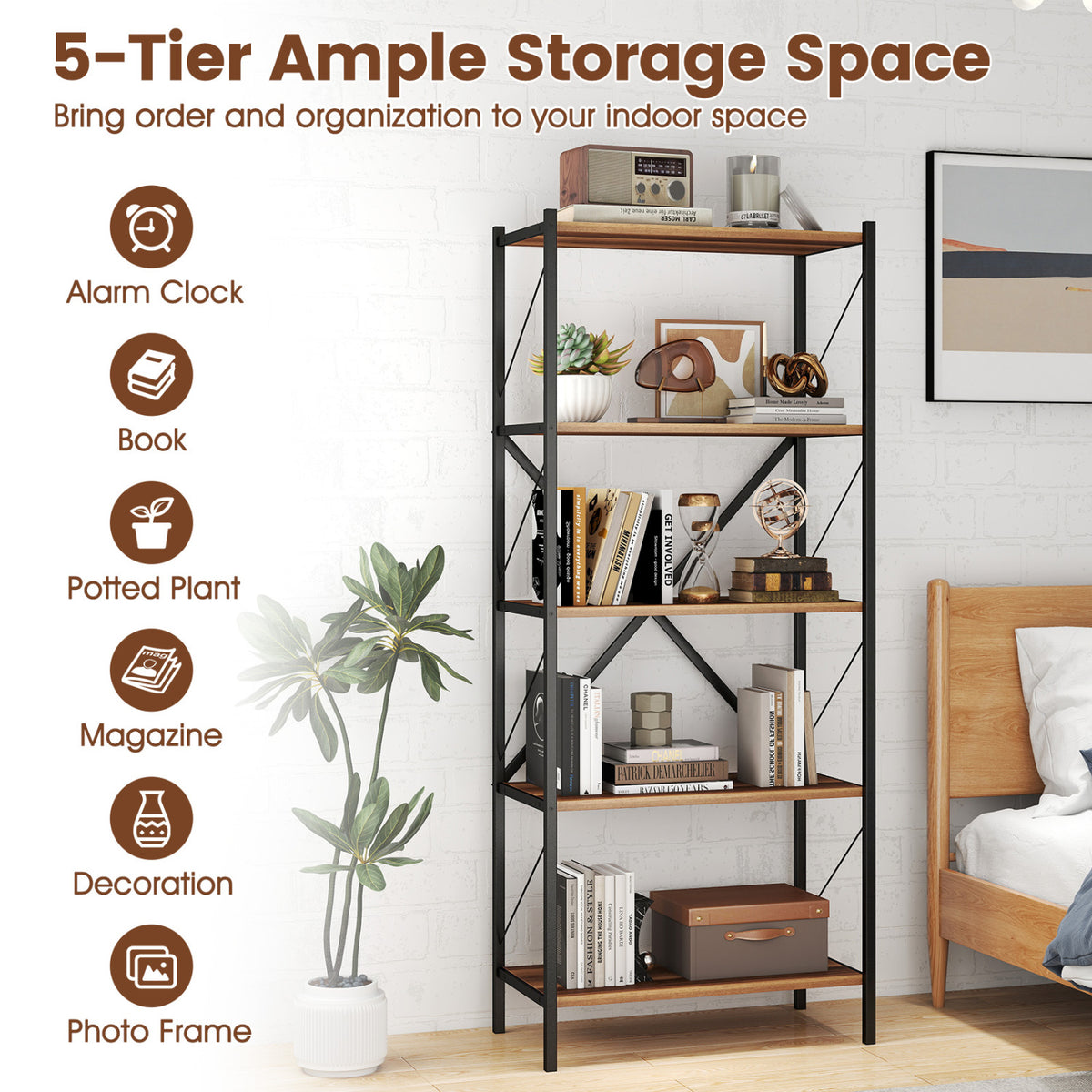 5-Tier Tall Bookshelf Industrial Bookcase with Heavy-Duty Metal Frame Modern Storage-Walnut