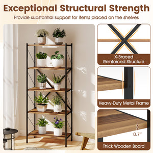 5-Tier Tall Bookshelf Industrial Bookcase with Heavy-Duty Metal Frame Modern Storage-Walnut