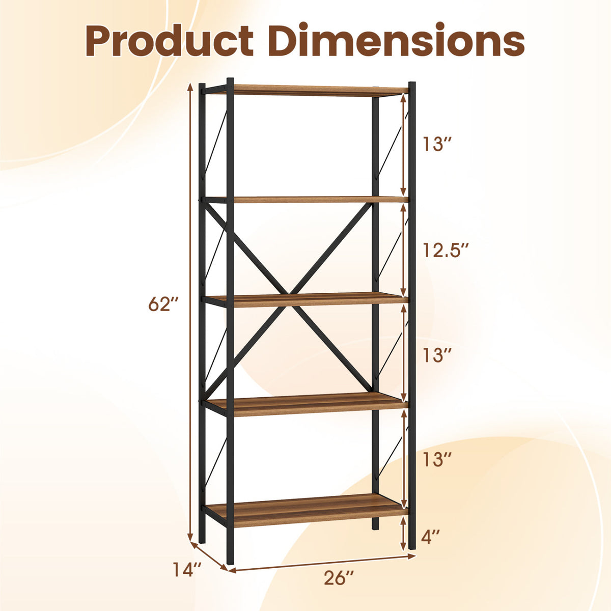 5-Tier Tall Bookshelf Industrial Bookcase with Heavy-Duty Metal Frame Modern Storage-Walnut