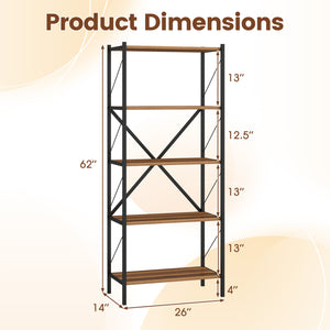 5-Tier Tall Bookshelf Industrial Bookcase with Heavy-Duty Metal Frame Modern Storage-Walnut