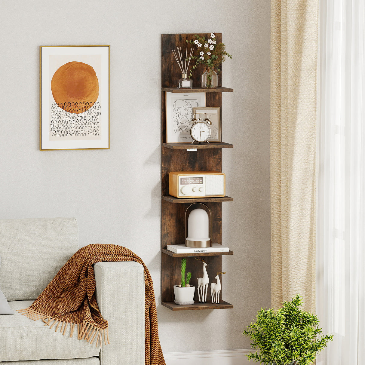 5-Tier Wall Mounted Shelf Unit with Wood Grain-Rustic Brown