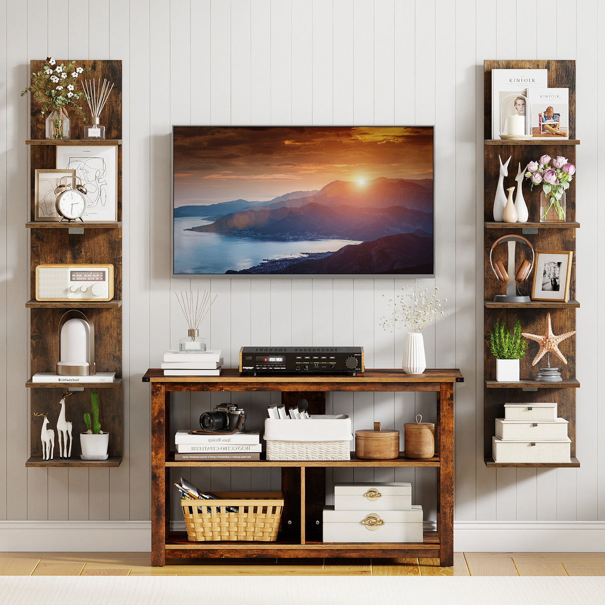 5-Tier Wall Mounted Shelf Unit with Wood Grain-Rustic Brown