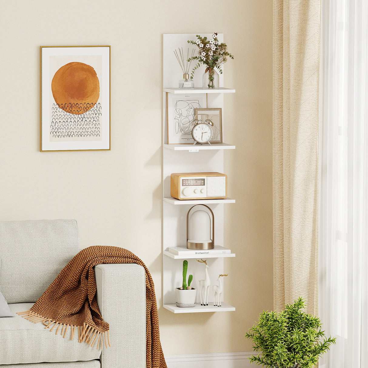 5-Tier Wall Mounted Shelf Unit with Wood Grain-White