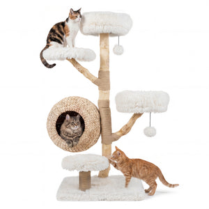 5-Tier Wooden Cat Tree with Woven Condo Plush Perches Jute Posts & Balls-White