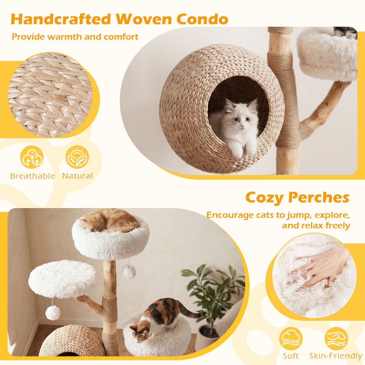 5-Tier Wooden Cat Tree with Woven Condo Plush Perches Jute Posts & Balls-White