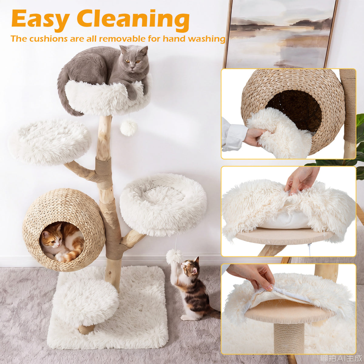 5-Tier Wooden Cat Tree with Woven Condo Plush Perches Jute Posts & Balls-White