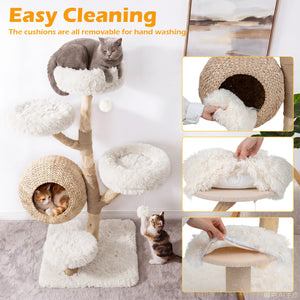 5-Tier Wooden Cat Tree with Woven Condo Plush Perches Jute Posts & Balls-White
