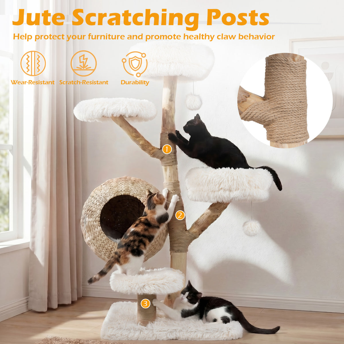 5-Tier Wooden Cat Tree with Woven Condo Plush Perches Jute Posts & Balls-White
