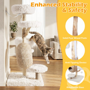 5-Tier Wooden Cat Tree with Woven Condo Plush Perches Jute Posts & Balls-White