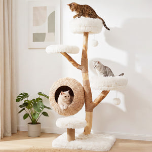 5-Tier Wooden Cat Tree with Woven Condo Plush Perches Jute Posts & Balls-White