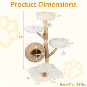 5-Tier Wooden Cat Tree with Woven Condo Plush Perches Jute Posts & Balls-White