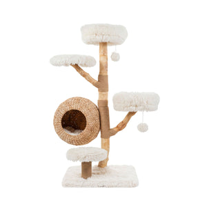 5-Tier Wooden Cat Tree with Woven Condo Plush Perches Jute Posts & Balls-White