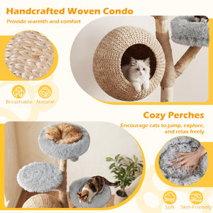 5-Tier Wooden Cat Tree with Woven Condo Plush Perches Jute Posts & Balls-Gray