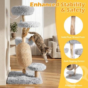 5-Tier Wooden Cat Tree with Woven Condo Plush Perches Jute Posts & Balls-Gray