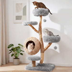 5-Tier Wooden Cat Tree with Woven Condo Plush Perches Jute Posts & Balls-Gray