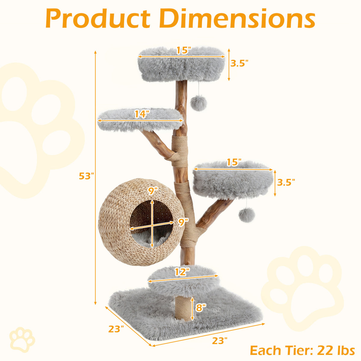 5-Tier Wooden Cat Tree with Woven Condo Plush Perches Jute Posts & Balls-Gray