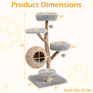 5-Tier Wooden Cat Tree with Woven Condo Plush Perches Jute Posts & Balls-Gray
