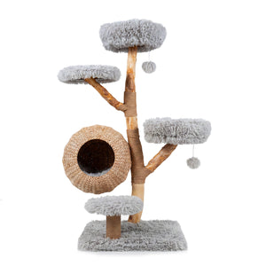 5-Tier Wooden Cat Tree with Woven Condo Plush Perches Jute Posts & Balls-Gray