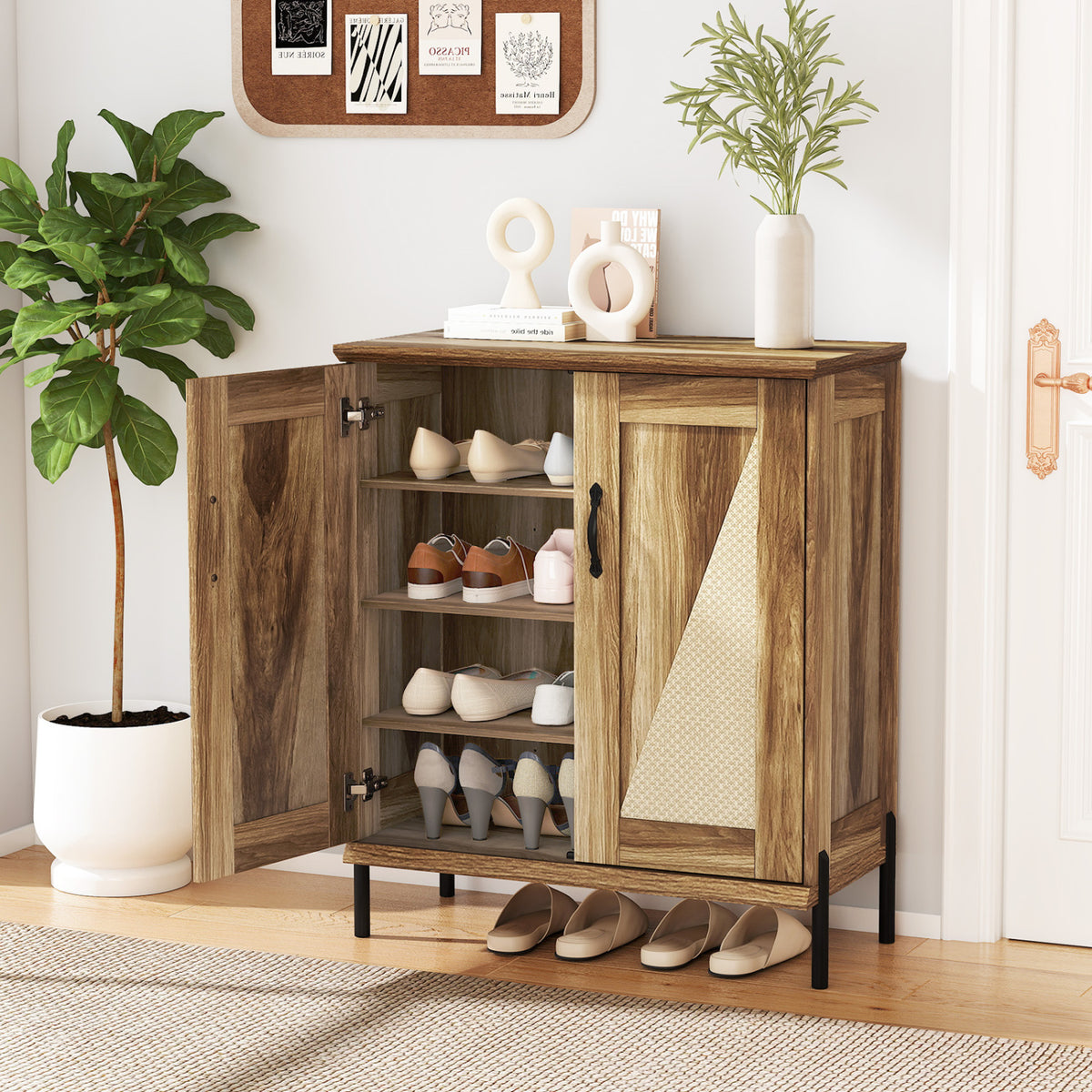 5-Tier Wooden Farmhouse Shoe Cabinet with Woven Rattan Doors-Natural