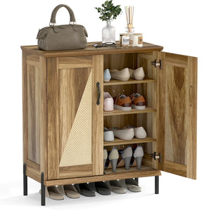 5-Tier Wooden Farmhouse Shoe Cabinet with Woven Rattan Doors-Natural