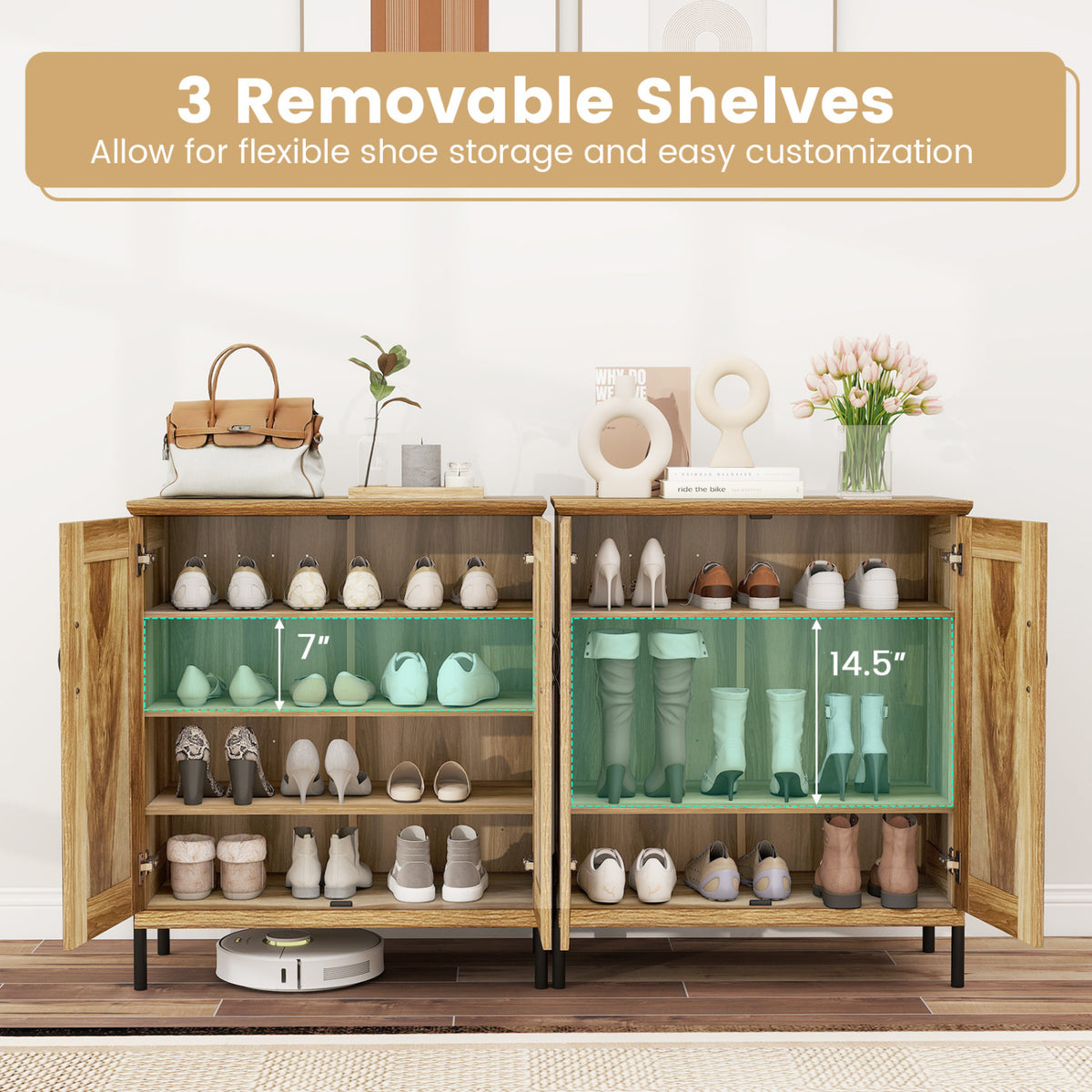 5-Tier Wooden Farmhouse Shoe Cabinet with Woven Rattan Doors-Natural