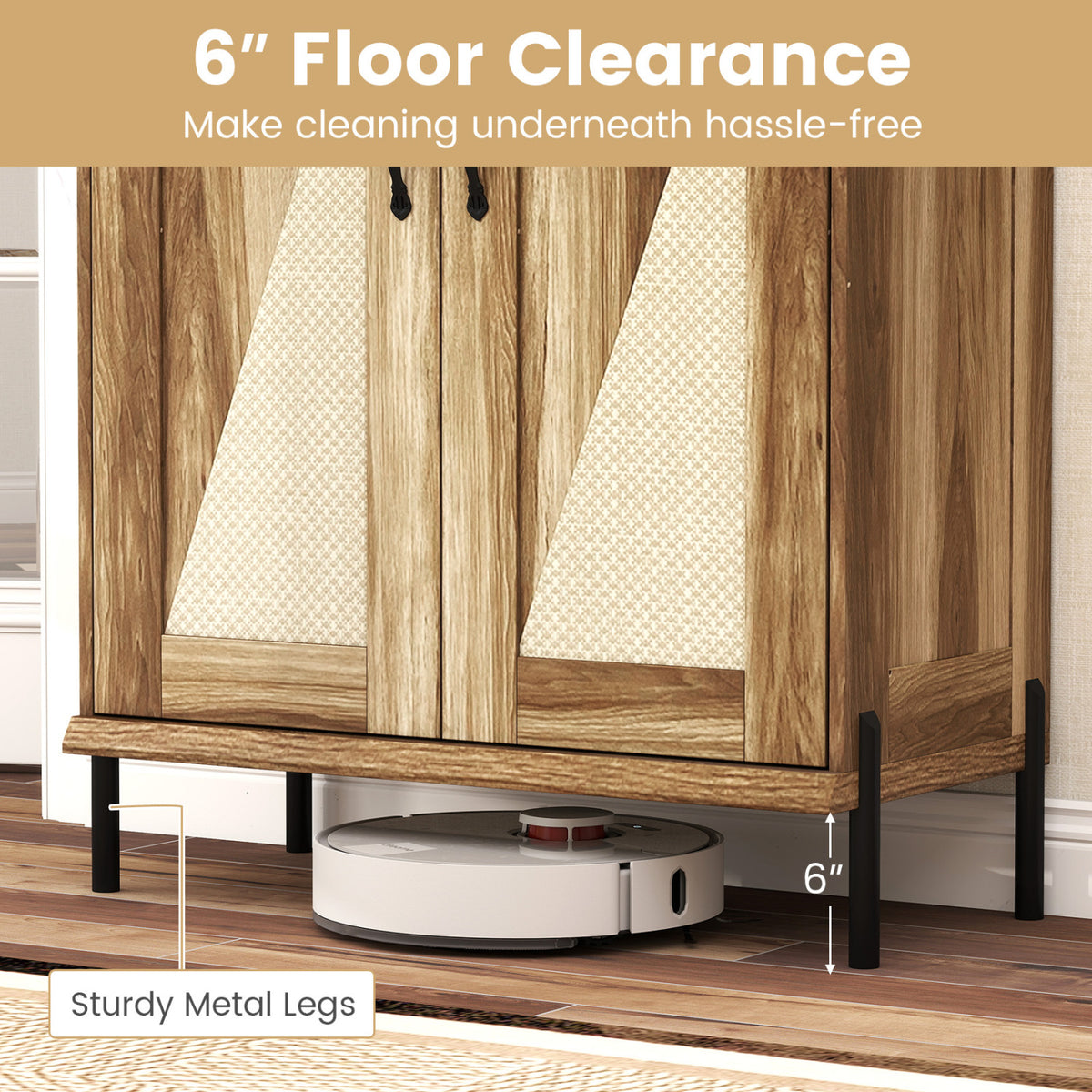 5-Tier Wooden Farmhouse Shoe Cabinet with Woven Rattan Doors-Natural