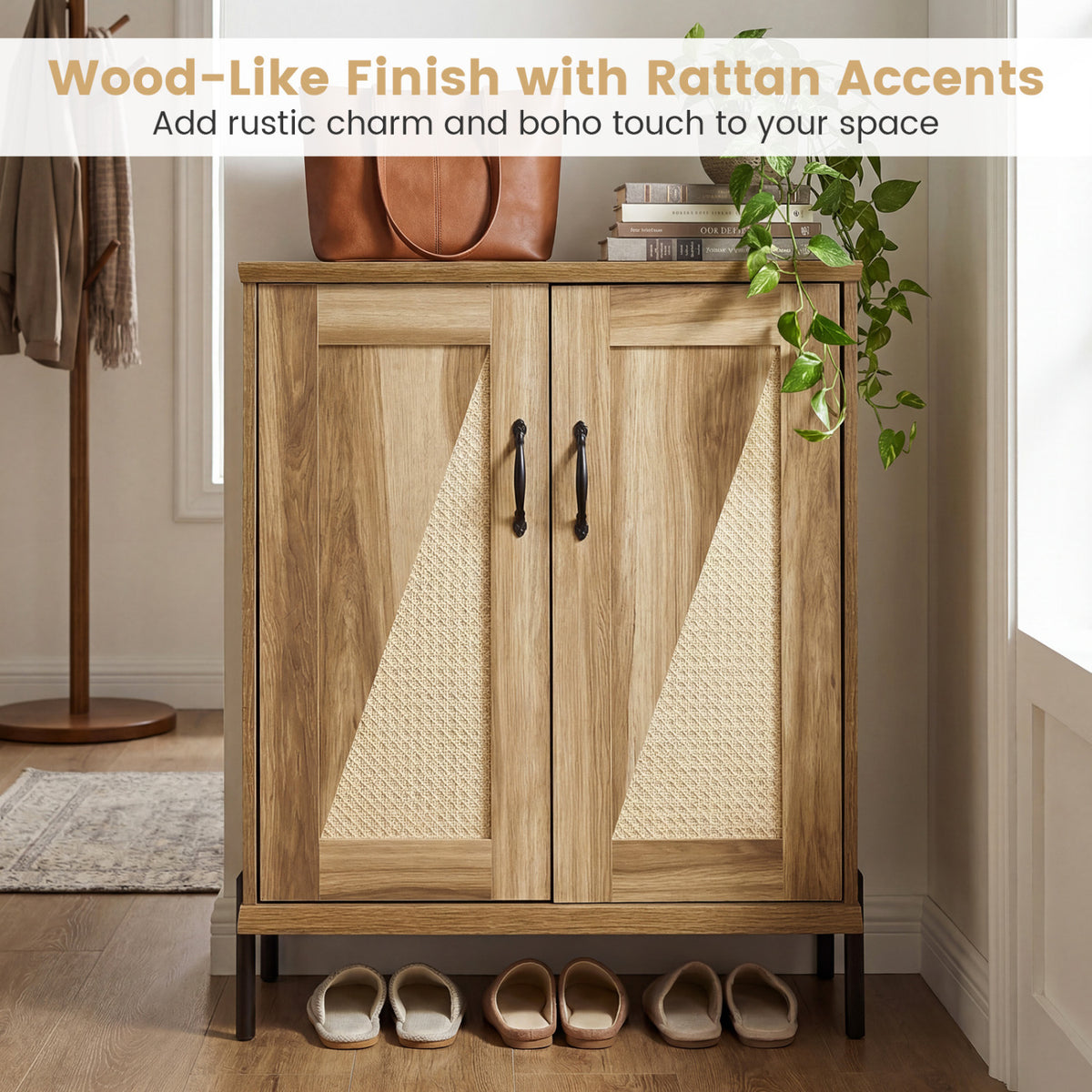 5-Tier Wooden Farmhouse Shoe Cabinet with Woven Rattan Doors-Natural