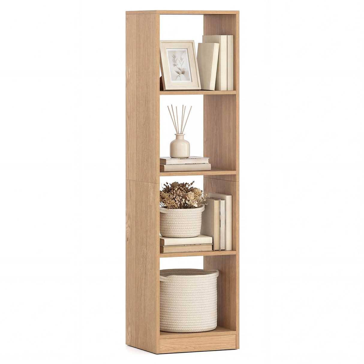 5 Tiers 4-Cube Narrow Bookshelf with 4 Anti-Tipping Kits-Natural