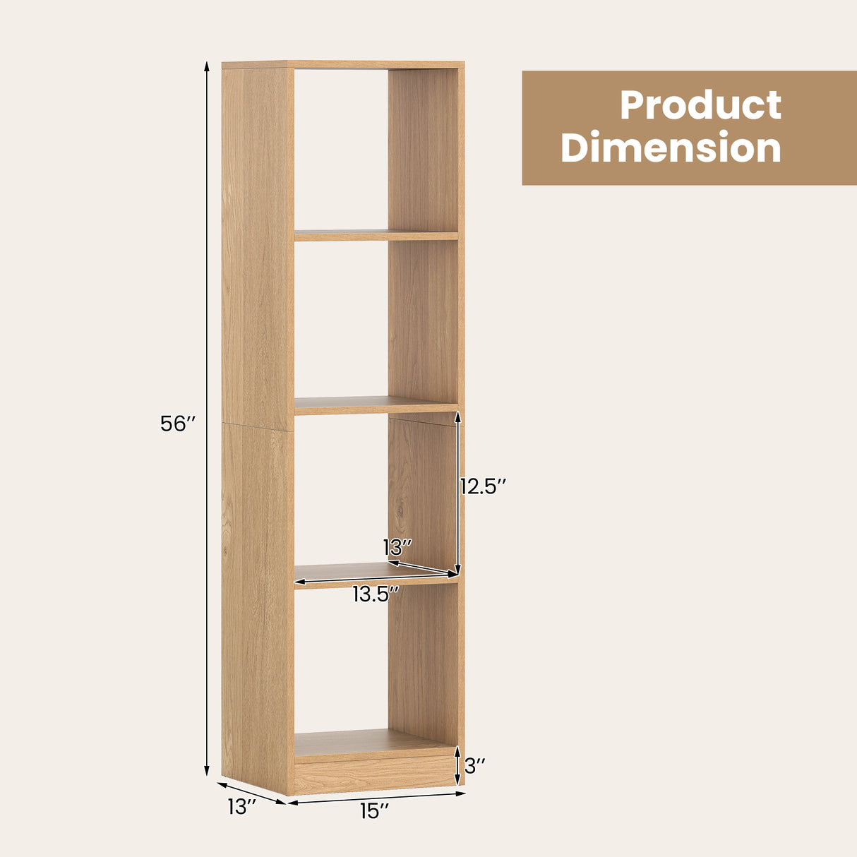 5 Tiers 4-Cube Narrow Bookshelf with 4 Anti-Tipping Kits-Natural