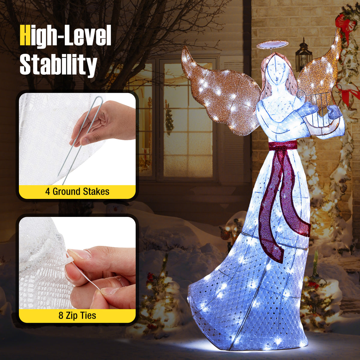 5 ft Christmas Lighted Angel with Harp and 120 Cold White LED Lights