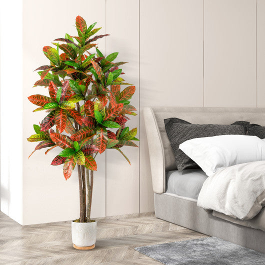 5 FT Tall Artificial Croton Plant with Gradient Leaves and Nursery Pot-2 Pack