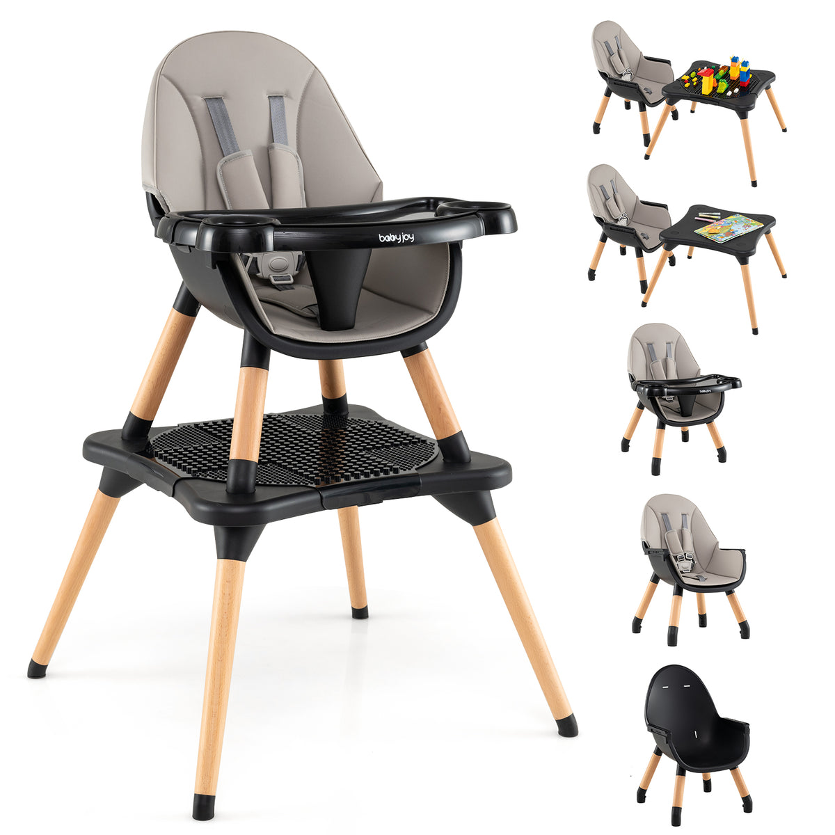 5-in-1 Baby Convertible Wooden High Chair with Detachable Tray-Black