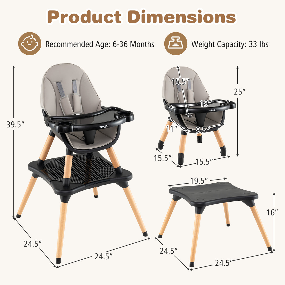 5-in-1 Baby Convertible Wooden High Chair with Detachable Tray-Black