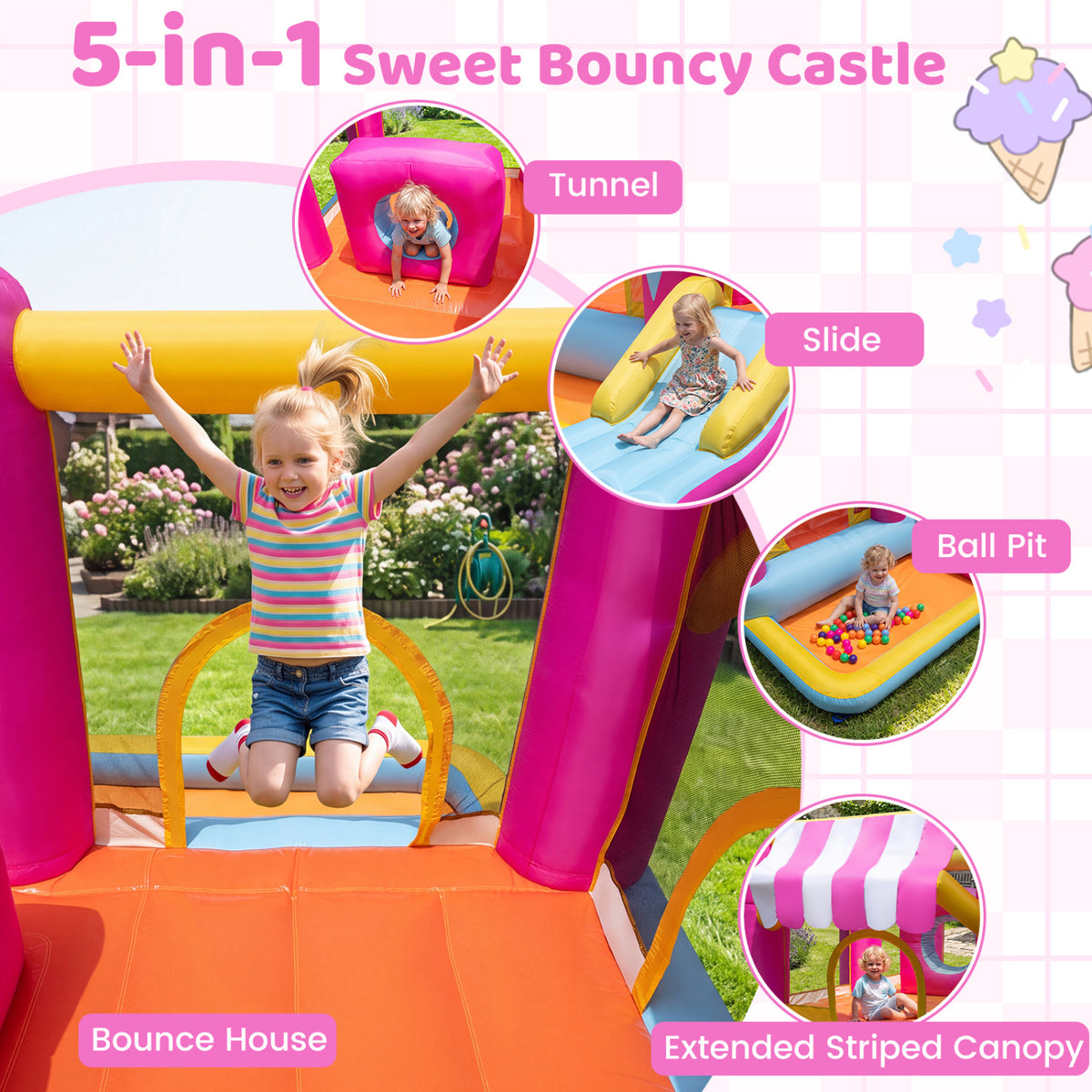 5-in-1 Inflatable Bounce House with Tunnel for Kids Ages 3-12