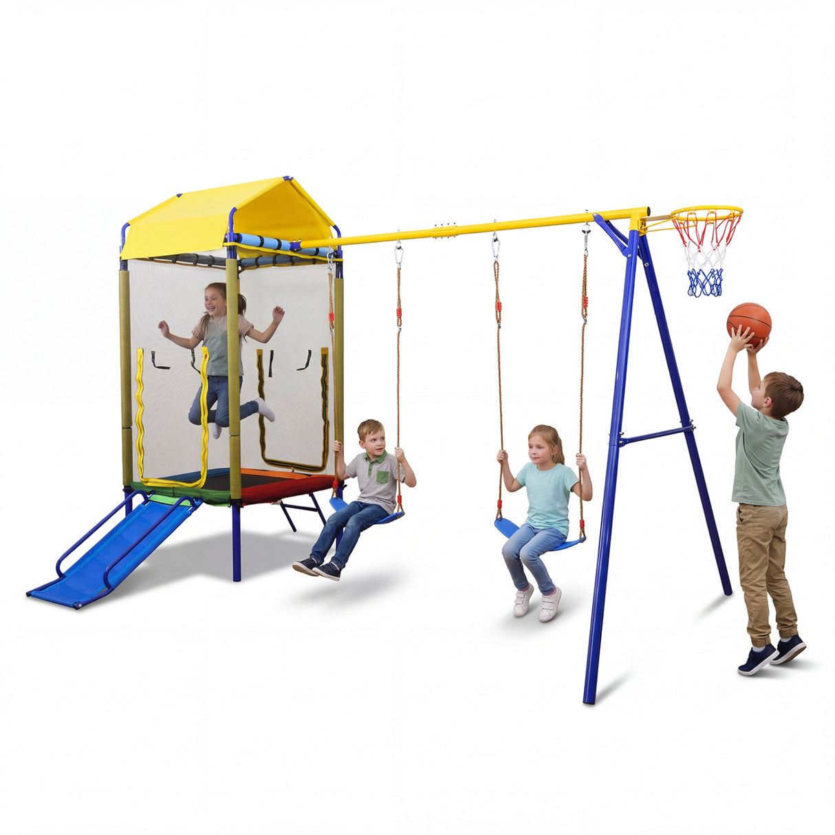 5-in-1 Kids Swing Set for Backyard with Heavy-duty Metal Swing Stand-Yellow