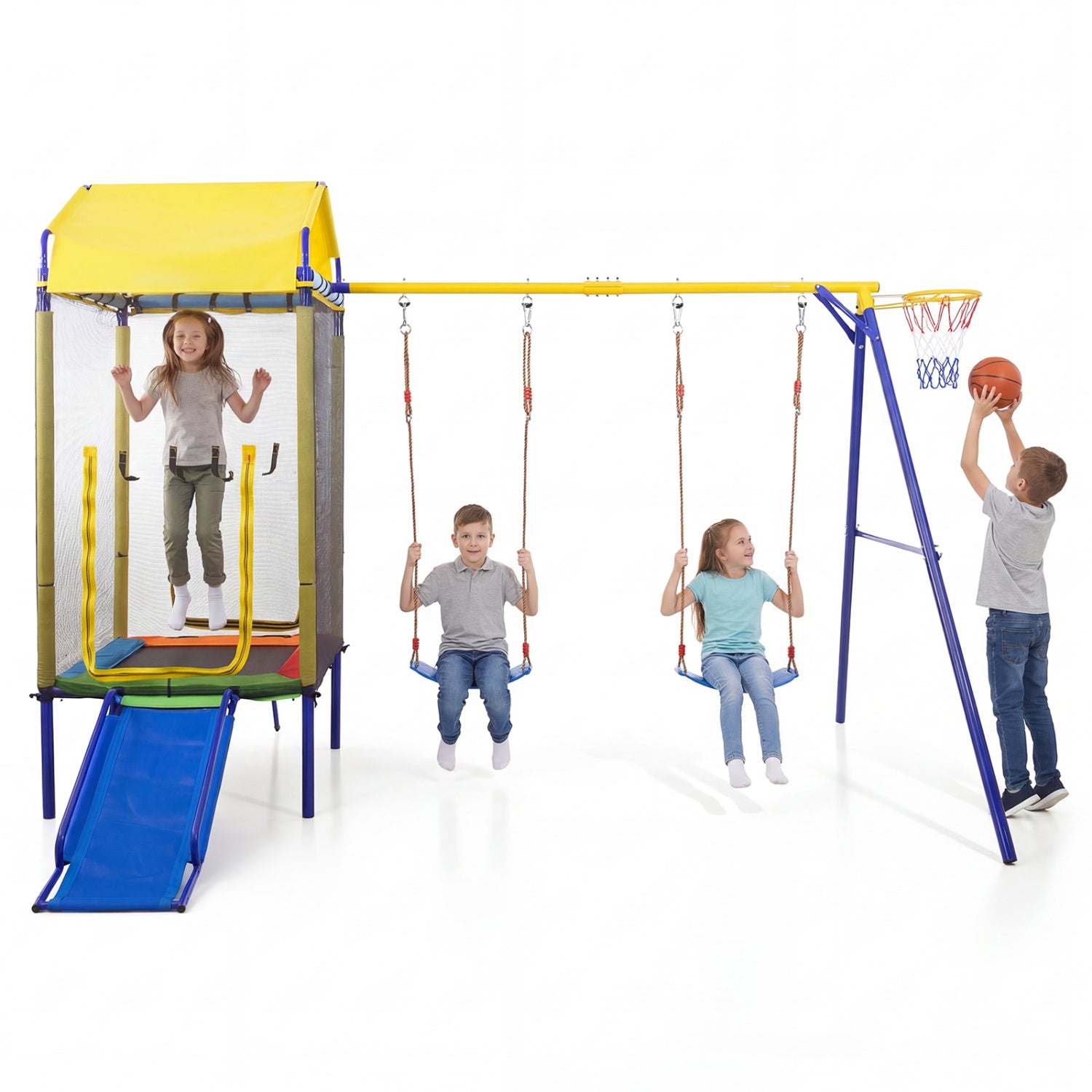 5-in-1 Kids Swing Set for Backyard with Heavy-duty Metal Swing Stand-Yellow