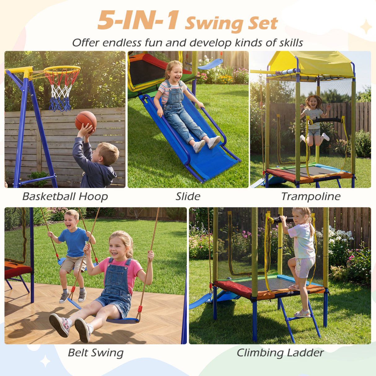 5-in-1 Kids Swing Set for Backyard with Heavy-duty Metal Swing Stand-Yellow