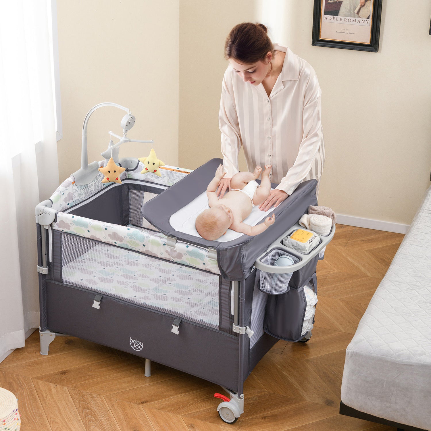 5-in-1  Portable Baby Beside Sleeper Bassinet Crib Playard with Diaper Changer-Beige