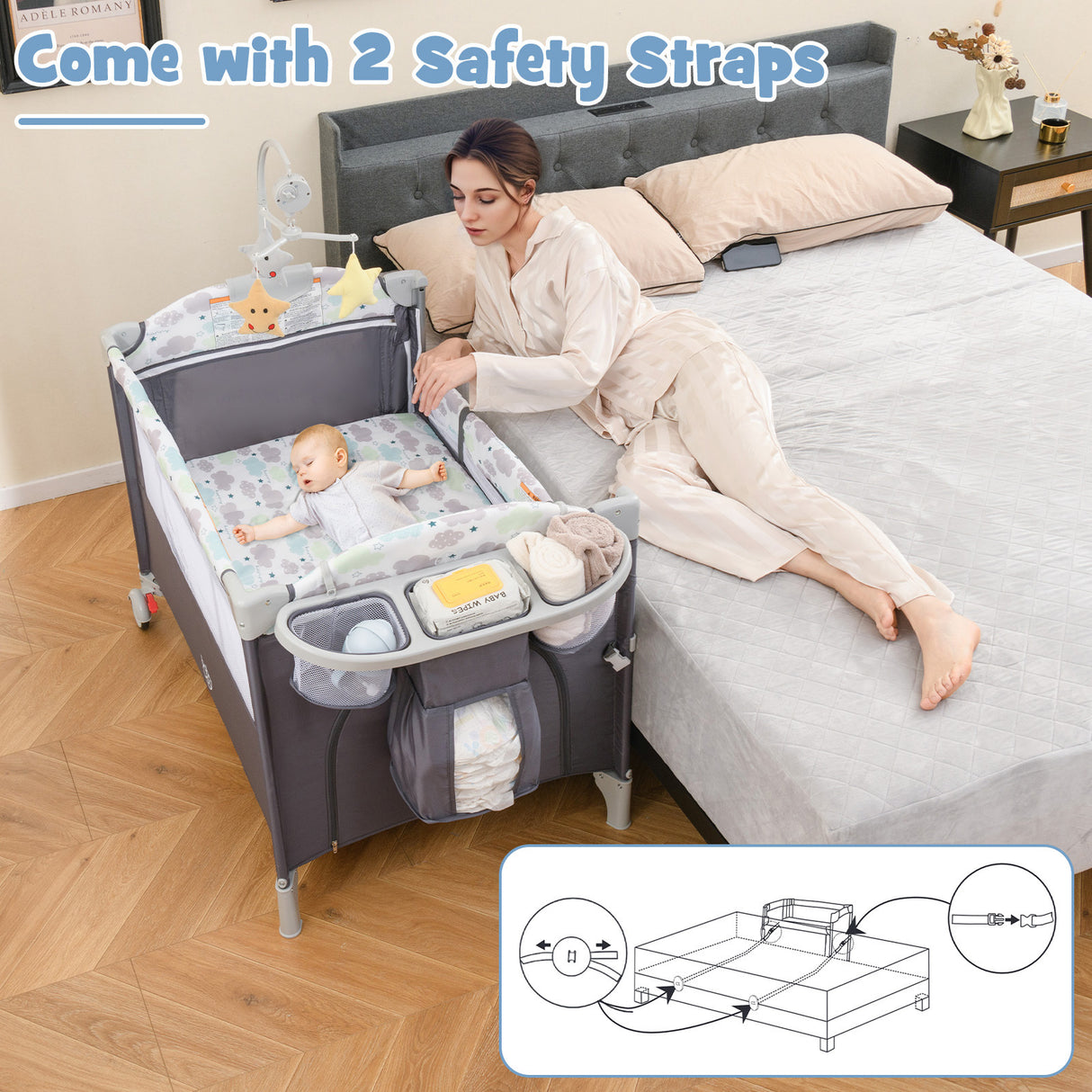 5-in-1  Portable Baby Beside Sleeper Bassinet Crib Playard with Diaper Changer-Beige