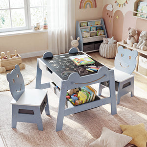 5-in-1 Toddler Table and 2 Chairs Cute Art Desk Set with Reversible Chalkboard Whiteboard-Grey