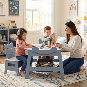 5-in-1 Toddler Table and 2 Chairs Cute Art Desk Set with Reversible Chalkboard Whiteboard-Grey