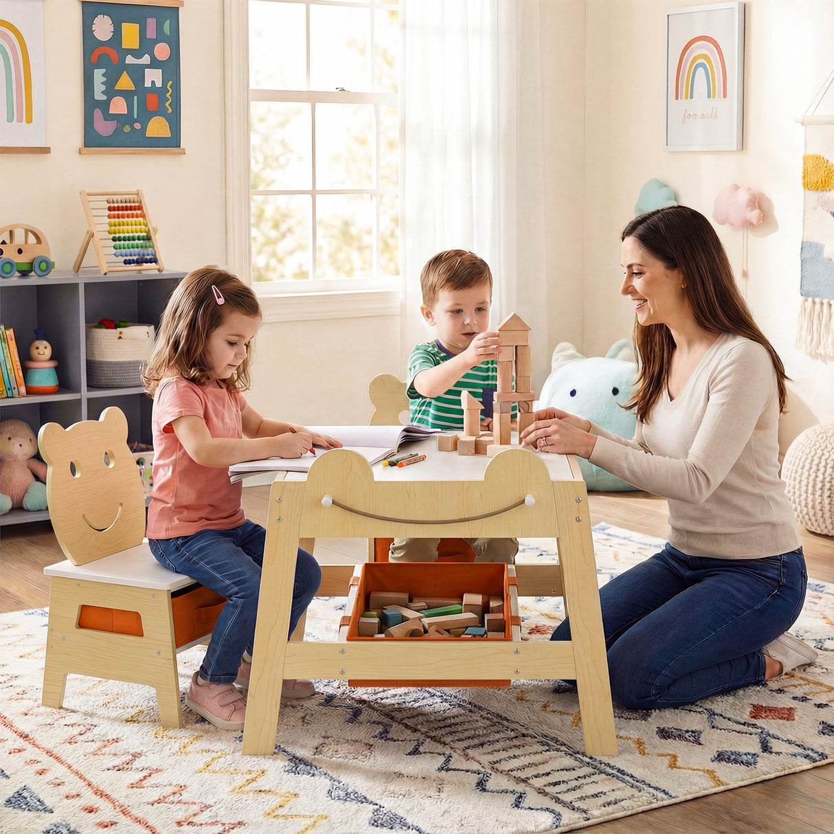 5-in-1 Toddler Table and 2 Chairs Cute Art Desk Set with Reversible Chalkboard Whiteboard-Natural