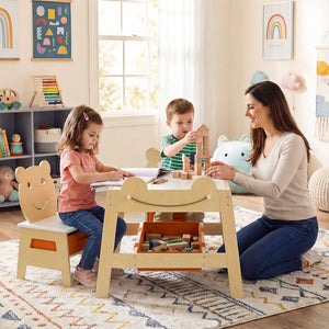 5-in-1 Toddler Table and 2 Chairs Cute Art Desk Set with Reversible Chalkboard Whiteboard-Natural