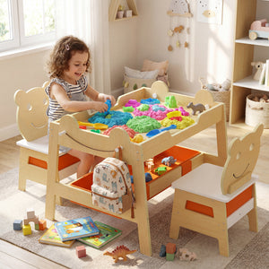 5-in-1 Toddler Table and 2 Chairs Cute Art Desk Set with Reversible Chalkboard Whiteboard-Natural