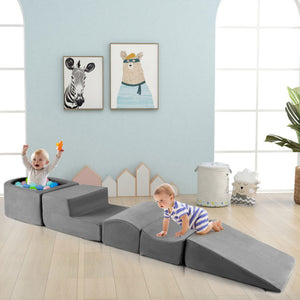 5-Piece Climb and Crawl Playset with Ball Pit for Kids-Gray