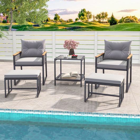 5 Piece Outdoor Rattan Conversation Set with 2-Layer Side Table and 2 Ottomans-Gray