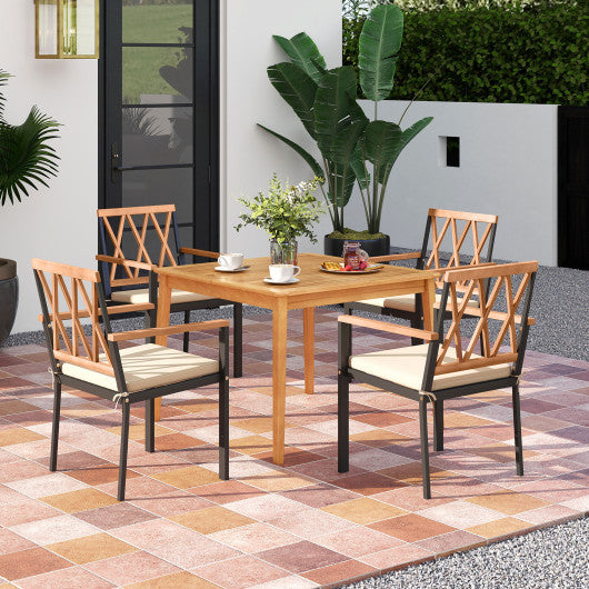 5 Piece Patio Acacia Wood Dining Set Solid Wooden Dining Furniture with Umbrella Hole