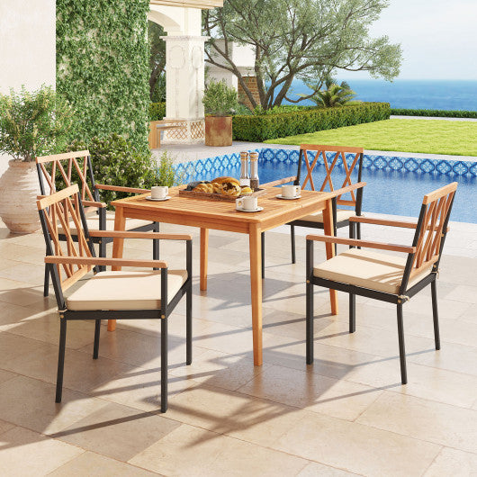 5 Piece Patio Acacia Wood Dining Set Solid Wooden Dining Furniture with Umbrella Hole